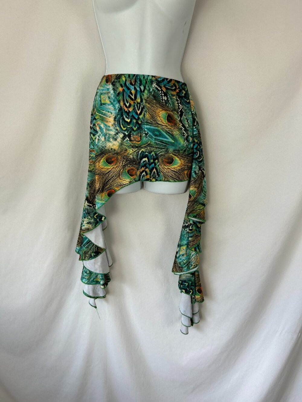 Peacock Mini Skirt With Cascading Ruffled Sides S